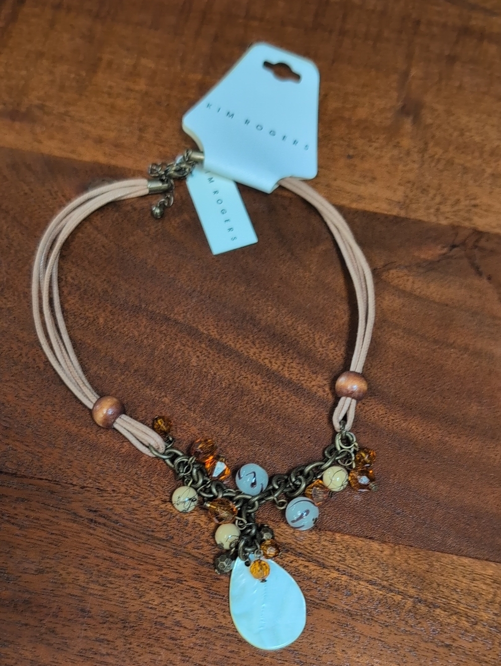 Kim Rogers Peach Cord Necklace with Amber and Pearl Pendant